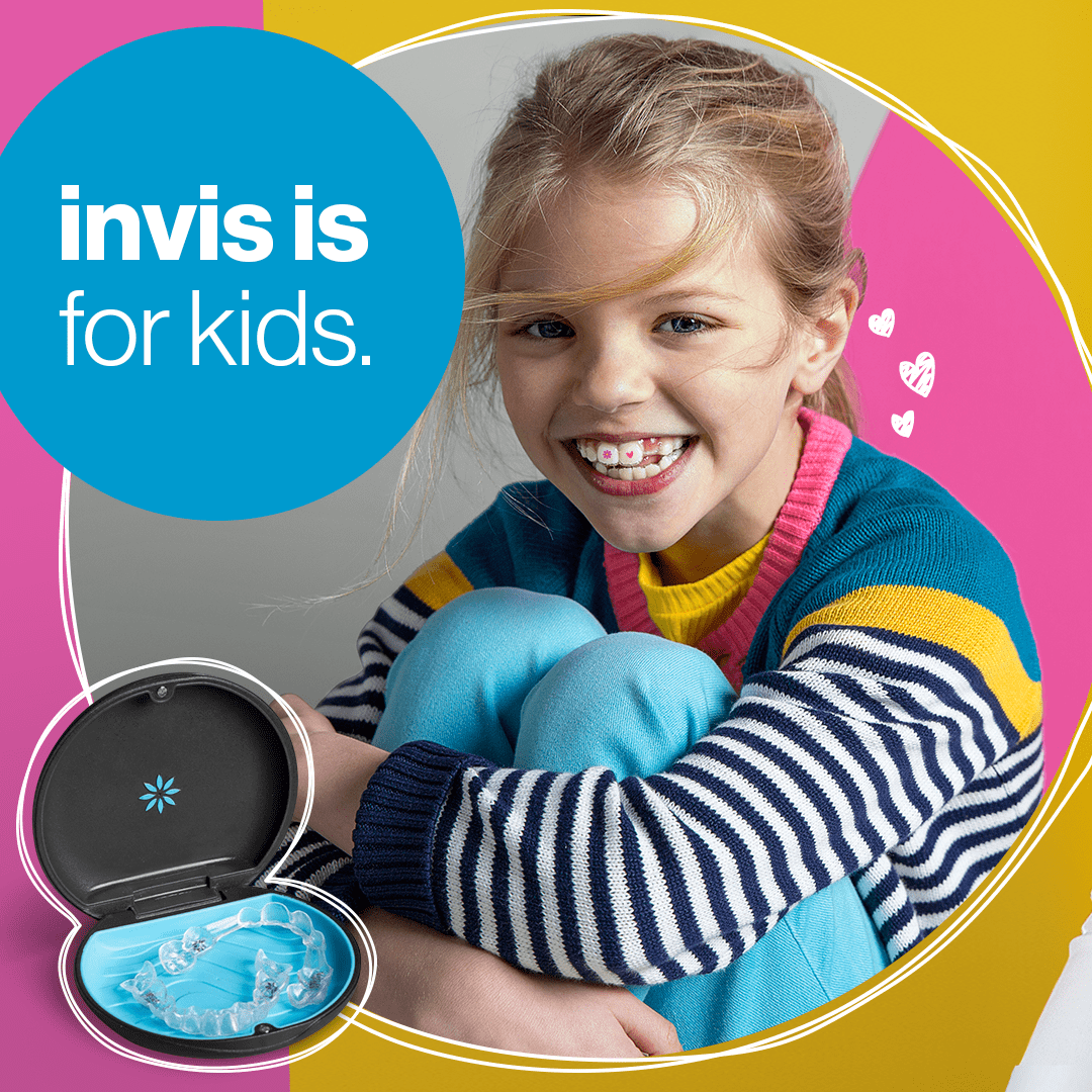 Smiling girl sitting while holding knees in a frame that has Invisalign clear aligners in tray and caption that reads "invis is for kids"