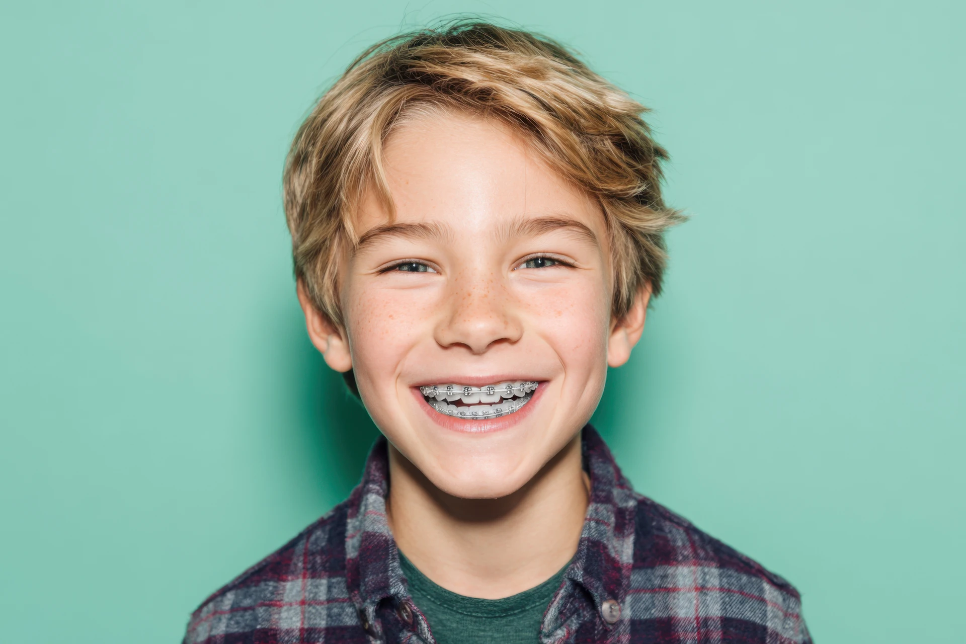 Smiling boy wearing braces against a light blue background.